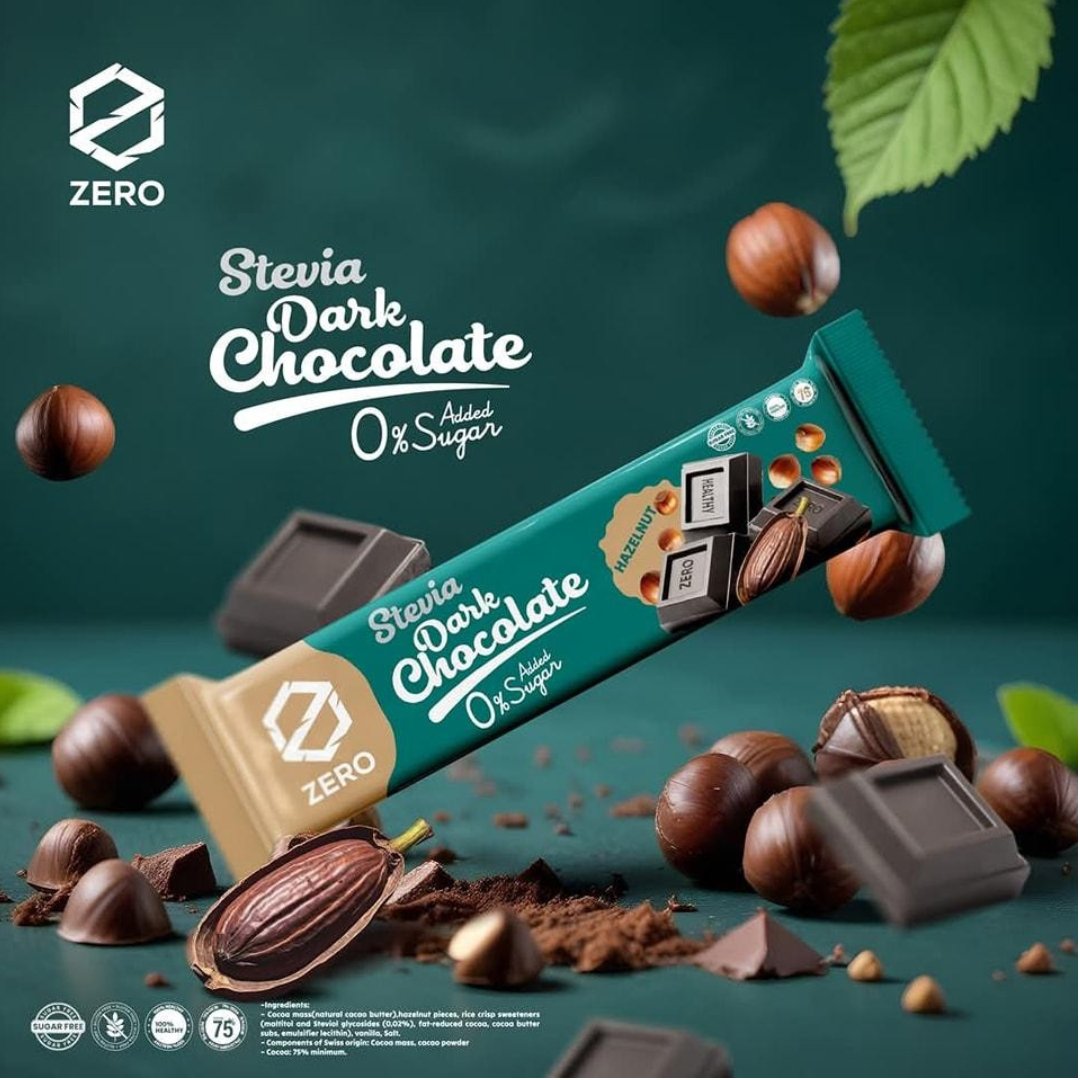 Zero Stevia Dark Chocolate With Hazelnut 25g.
