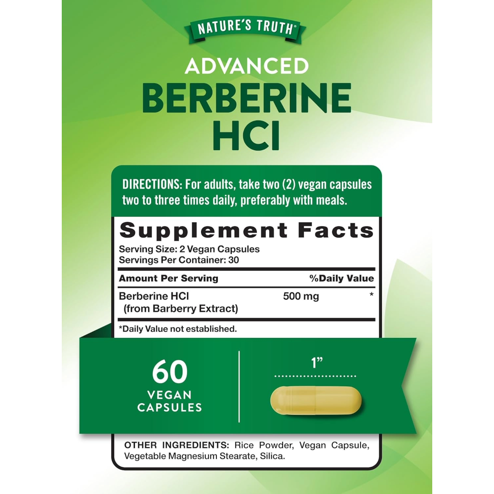 NATURE’S TRUTH, Berberine HCl 500mg, 60 Capsules, 30 Servings