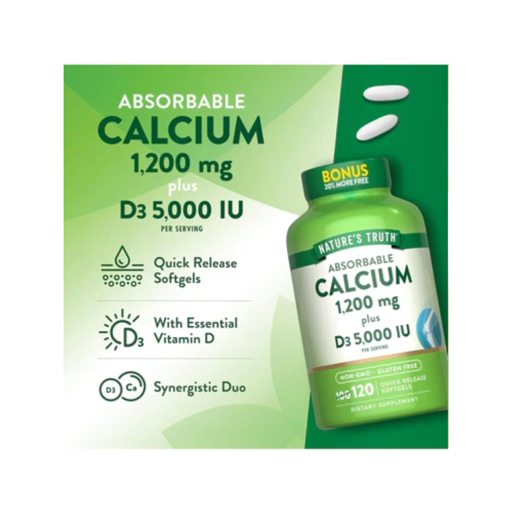 Nature's Truth, Calcium 1200 mg with Vitamin D3 5000 IU, 120 Softgel, 60 Servings