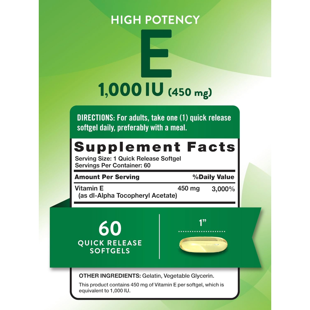 Nature's Truth, High Potency Vitamin E, 450 mg (1,000 IU), 60 Quick Release Softgels, 60 Servings