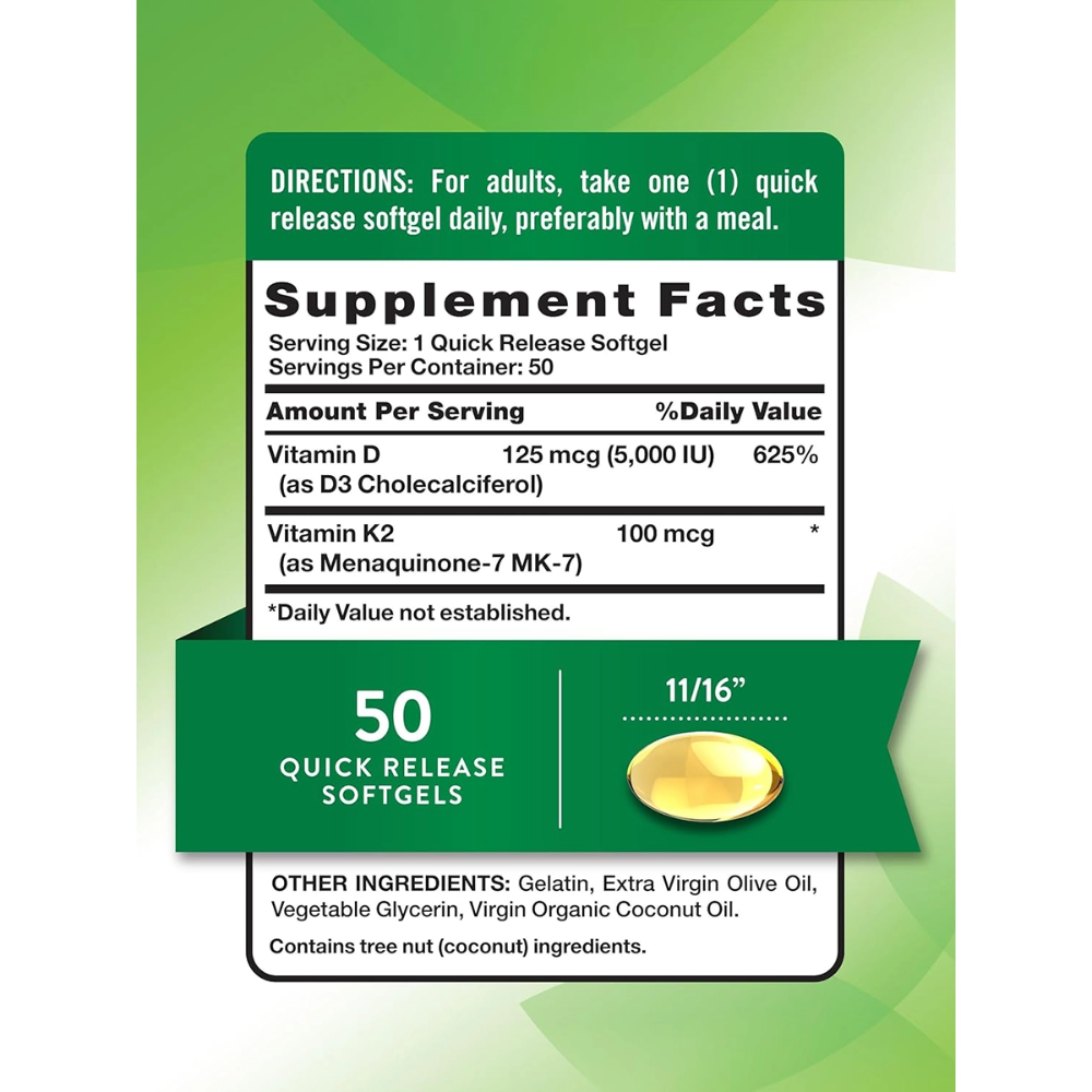Nature's Truth, Ultra K2 100mcg + D3 5000IU, 50 Quick Release Softgels, 50 Servings
