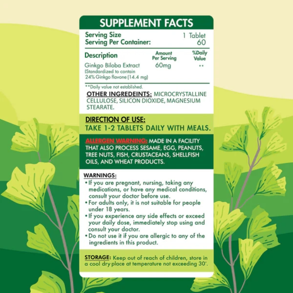 Organic Nation, Ginkgo Biloba, 60MG, 60 Tablets, 60 Servings