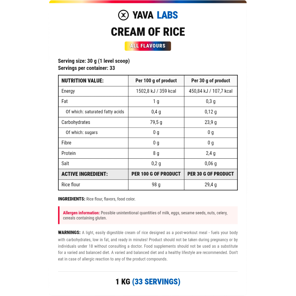 Yava Labs, Cream of Rice, 1kg, 33 Servings