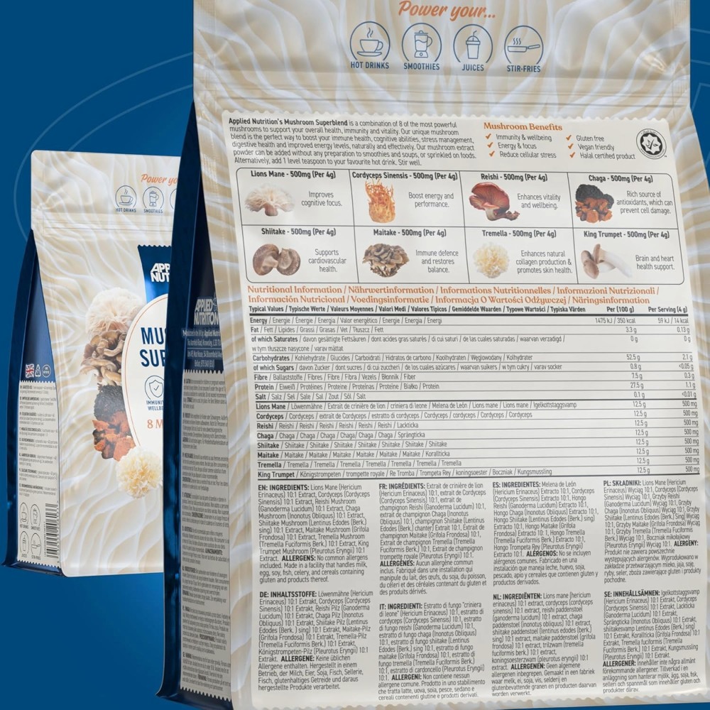 Applied Nutrition, Mushroom Superblend, Lions Mane, Reishi, Chaga, Shiitake, Maitake, Tremella, Cordyceps Sinensis, King Trumpet, 160g, 40 Servings
