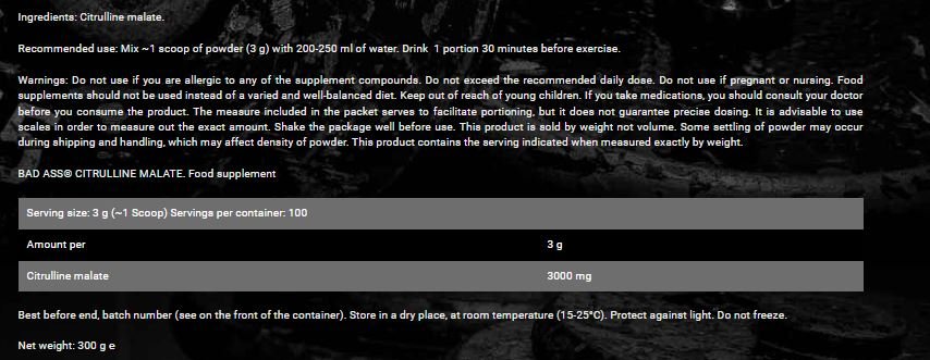 Badass Nutrition, Citruline Malate 300g, 100 Servings
