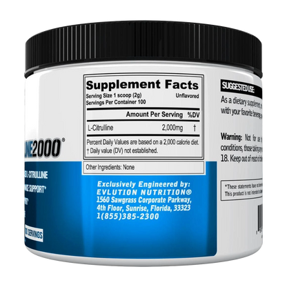 EVL, L-Citrulline 2000, Unflavored, 200g, 100 Servings