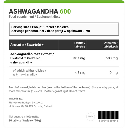 FA Nutrition, Wellness Ashwagandha 600, 90 Tablets, 90 Servings
