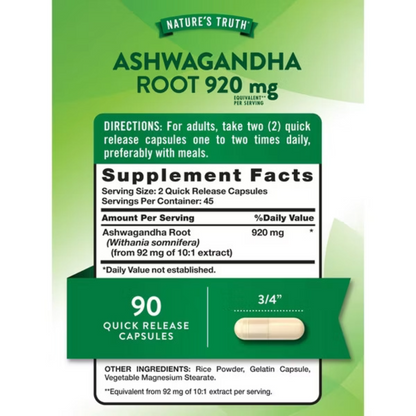 NATURE’S TRUTH, Ashwagandha Root, 920mg, 90 Capsules, 45 Servings