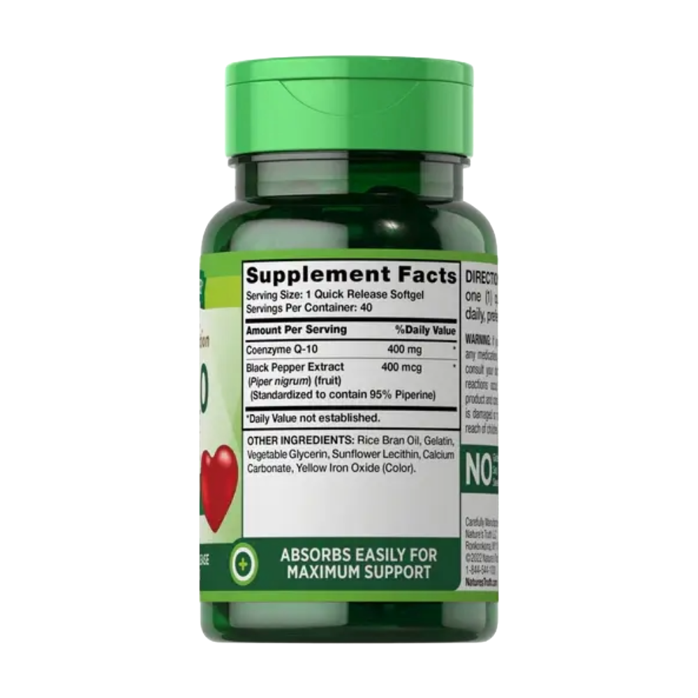 NATURE’S TRUTH, CoQ-10 400 mg Plus Black Pepper Extract, 40 Softgels, 40 Servings