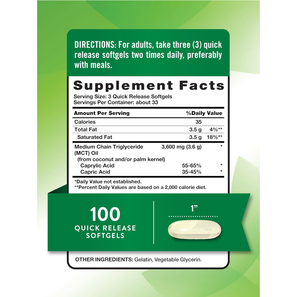NATURE’S TRUTH, MCT Oil, 3600mg, 100 Softgels, 33 Servings