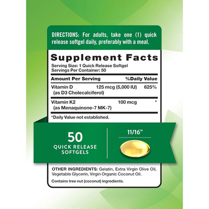 Nature's Truth, Ultra K2 100mcg + D3 5000IU, 50 Quick Release Softgels, 50 Servings