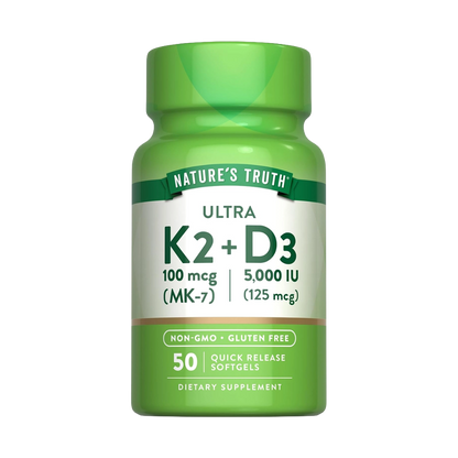 Nature's Truth, Ultra K2 100mcg + D3 5000IU, 50 Quick Release Softgels, 50 Servings