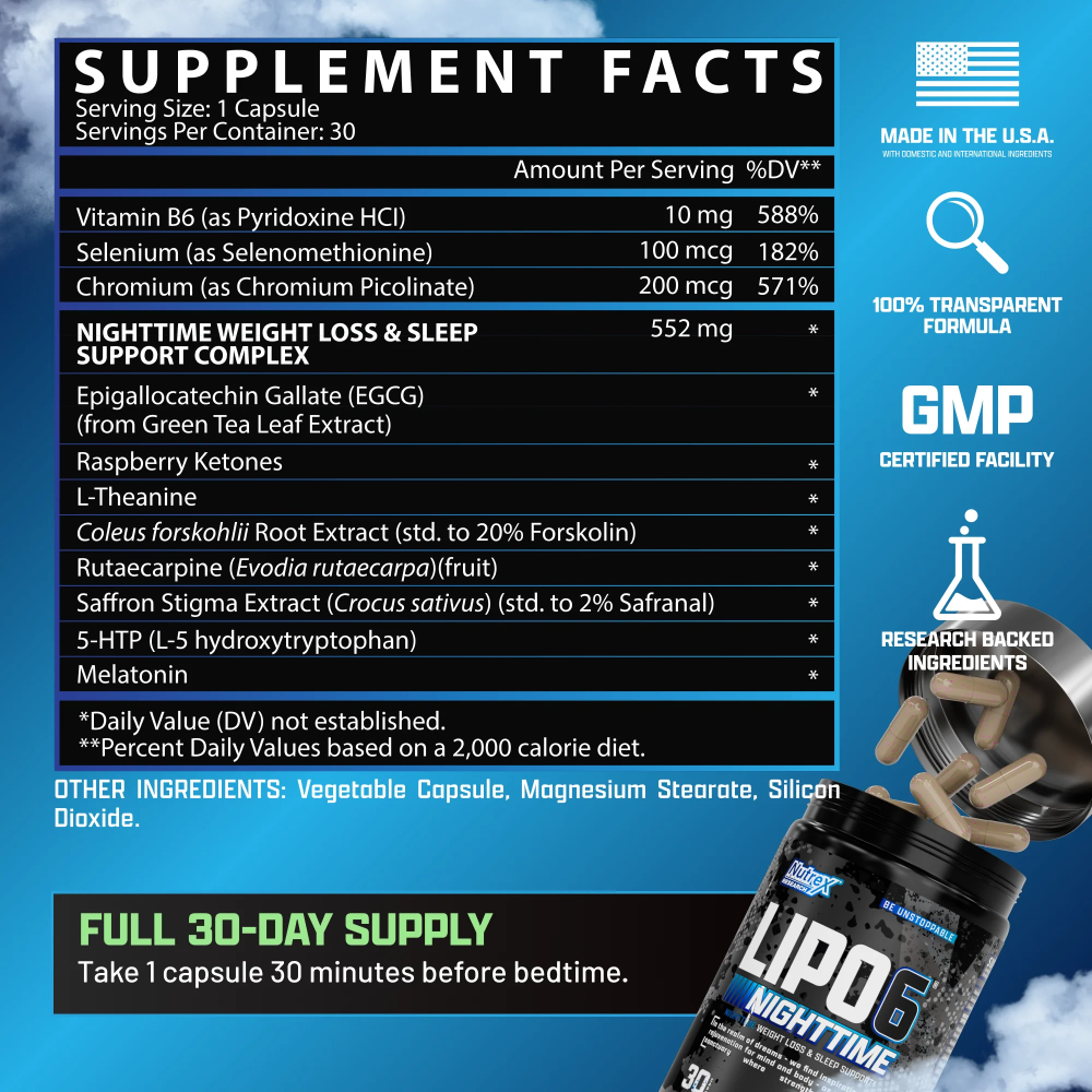 Nutrex Research, Lipo-6 Nighttime, 30 Capsules, 30 Servings