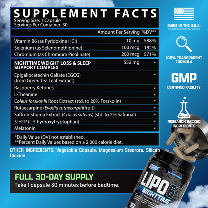 Nutrex Research, Lipo-6 Nighttime, 30 Capsules, 30 Servings