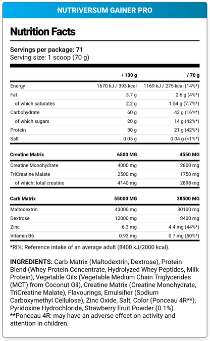 Nutriversum, gainer pro, 5KG, 71 Servings