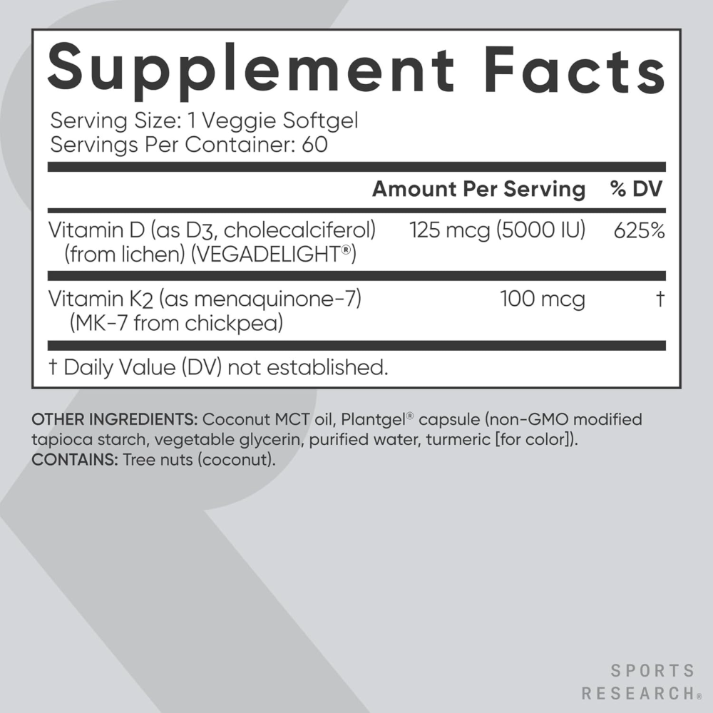 Sports Research, D3 + K2, Plant-Based, 60 Veggie Softgels, 60 Servings