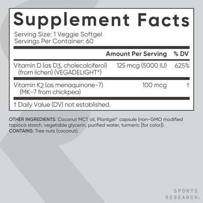 Sports Research, D3 + K2, Plant-Based, 60 Veggie Softgels, 60 Servings