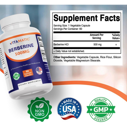 Vitamatic, Berberine 500mg, 60 Vegetable Capsules, 60 Servings