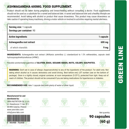 Yava Labs, Ashwagandha 600 mg, 90 Capsules, 90 Servings