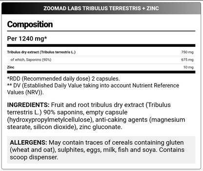 Zoomad Labs, TRIBULUS TERRESTRIS + Zinc, 60 Capsules, 30 Servings