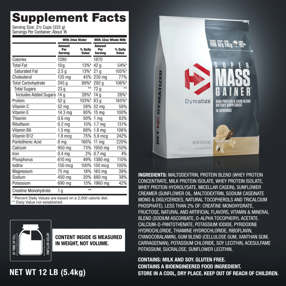Dymatize, Super Mass, 5.4kg, 16 Servings Gourmet Vanilla — Nutrition Facts panel / جدول القيم الغذائية