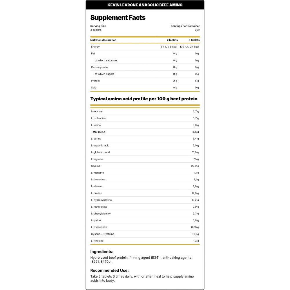 Kevin Levrone, Anabolic Beef Amino, 600 Tablets, 300 Servings — Nutrition Facts panel / جدول القيم الغذائية