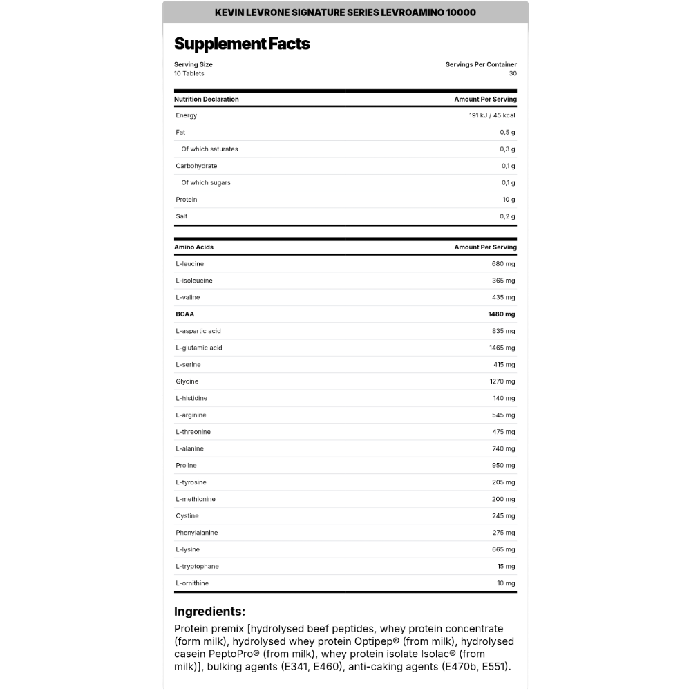 Kevin Levrone, LEVROAMINO 10000, 300 Tablets, 30 Servings — Nutrition Facts panel / جدول القيم الغذائية