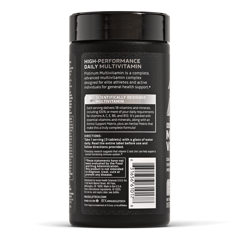 MuscleTech, Platinum Multivitamin, 90 Tablets, 30 servings — Back label / ملصق التغذية