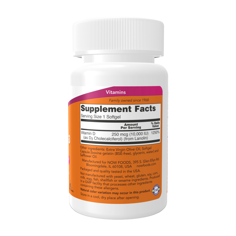 Now Foods, Vitamin D3 10,000 IU, 120 Softgel, 120 Servings — Back label / ملصق التغذية