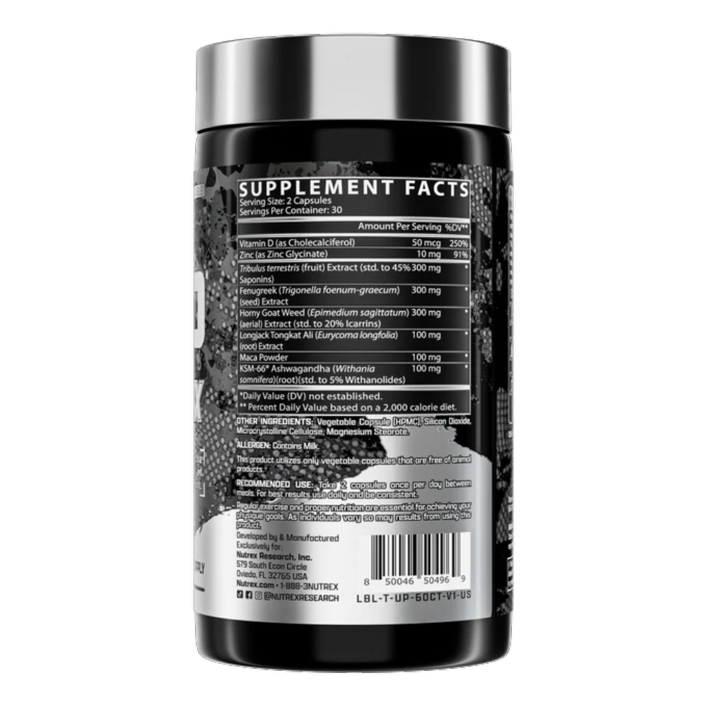 Nutrex Research, T-UP Max, 120 Capsules, 30 Servings — Back label view / الوجه الخلفي