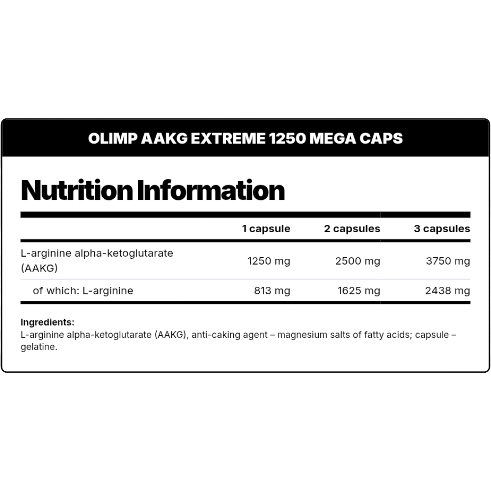 Olimp, AAKG 1250 Extreme Mega Caps, 120 Capsules, 120 Servings — Nutrition Facts panel / جدول القيم الغذائية