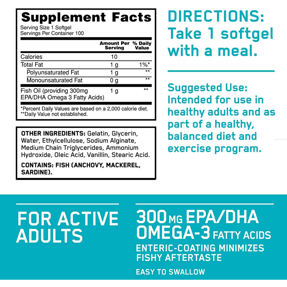 Optimum Nutrition, Enteric-Coated Fish Oil, 100 Softgel, 100 Servings — Nutrition Facts panel / جدول القيم الغذائية