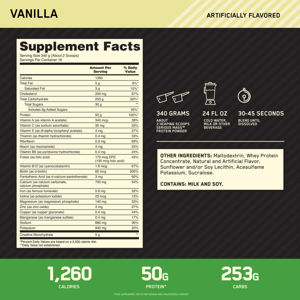 Serious Mass Optimum Nutrition جدول القيم الغذائية - بروتين 50 جم وكربوهيدرات 252 جم