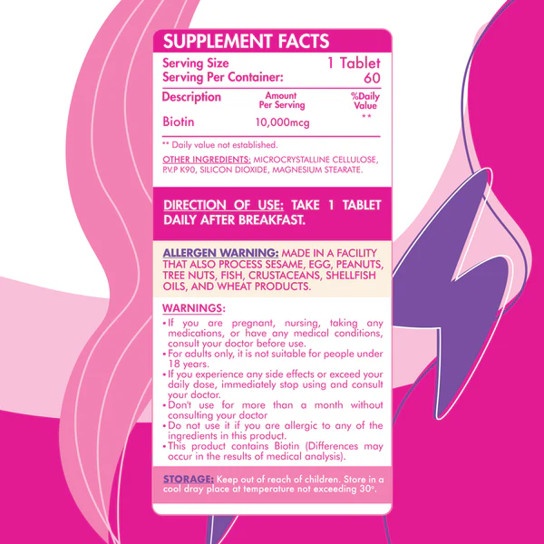 Organic Nation, Biotin 10000MCG, 60 Coated Tablets, 60 Servings nutrition facts — Nutrition Facts panel / جدول القيم الغذائية