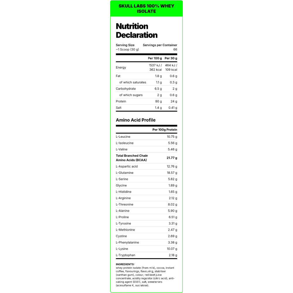 Skull Labs, Whey Isolate, 2kg, 66 Servings — Nutrition Facts panel / جدول القيم الغذائية