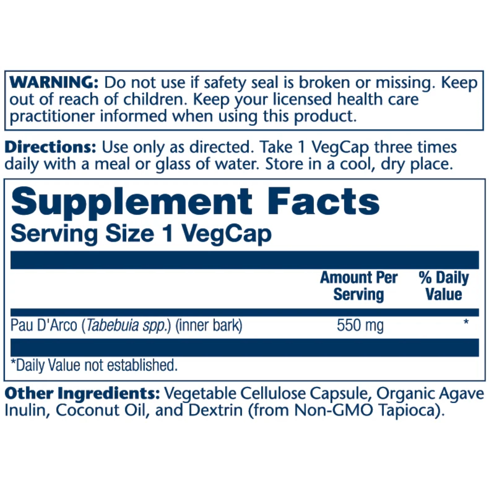 Solaray, PAU D’Arco, 550mg, 100 Capsules, 100 Servings — Nutrition Facts panel / جدول القيم الغذائية