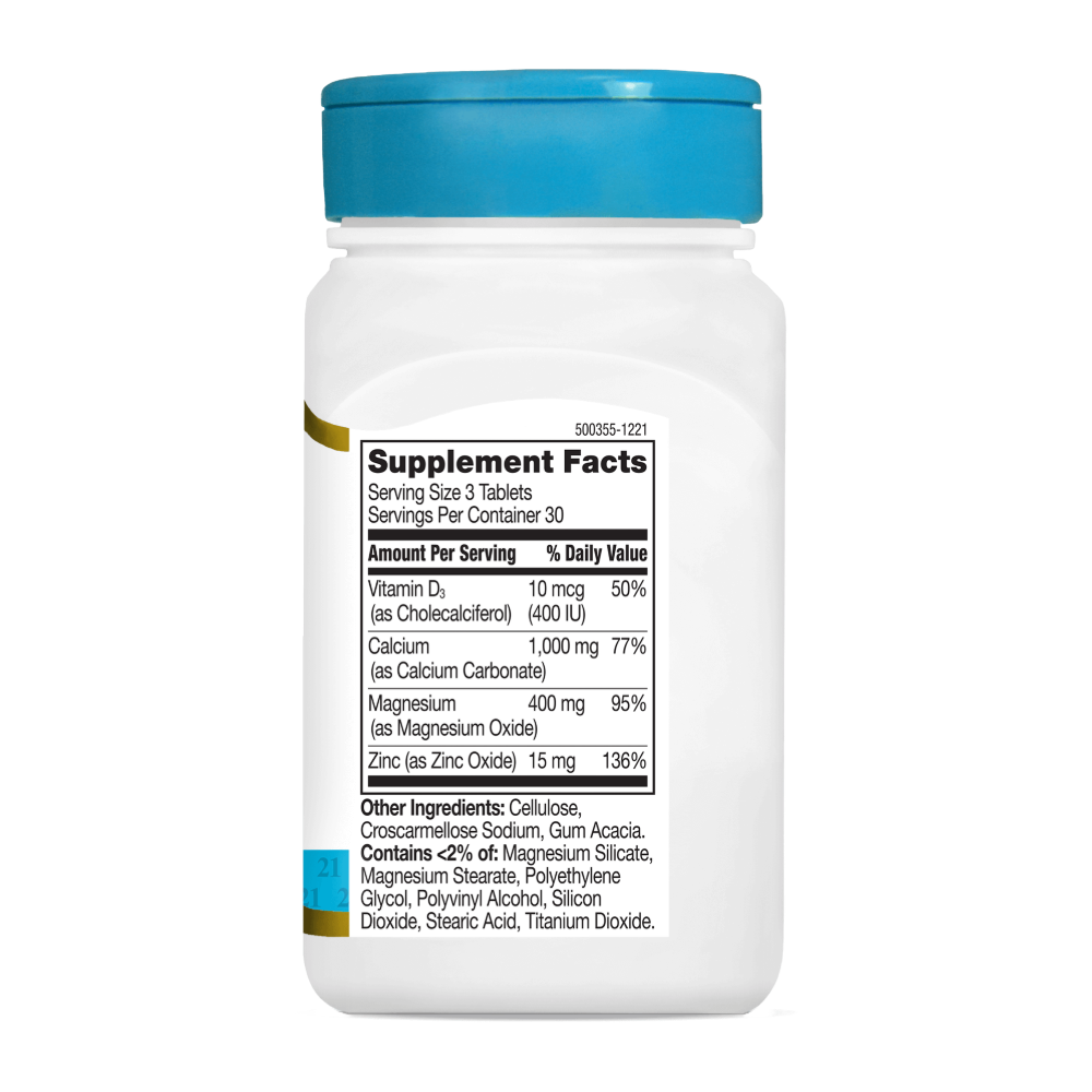 21st Century, Calcium Magnesium Zinc + D3, 90 Tablets, 30 serving back 2 — Back label view / الوجه الخلفي