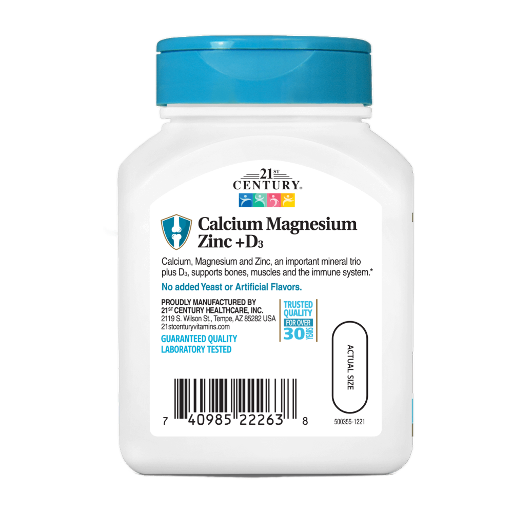 21st Century, Calcium Magnesium Zinc + D3, 90 Tablets, 30 serving back — Back panel / الوجه الخلفي بالمكونات
