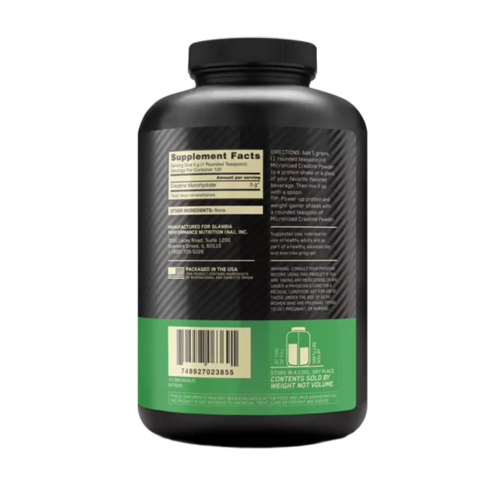 Optimum Nutrition, Creatine Micronized, 600g, 120 Servings — Back label / ملصق التغذية