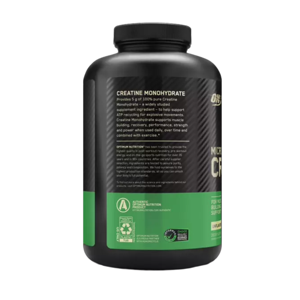 Optimum Nutrition, Creatine Micronized, 600g, 120 Servings — Back label view / الوجه الخلفي