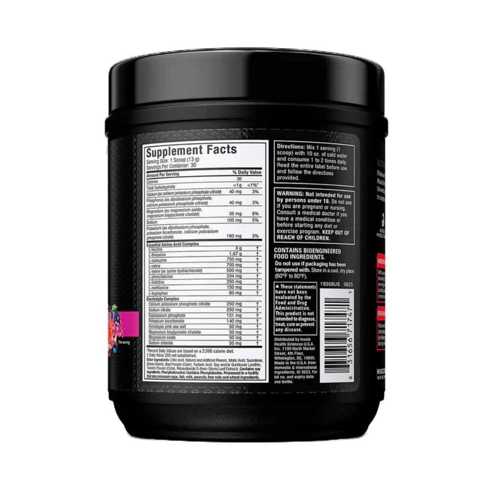 MuscleTech, Platinum 100% EAA+, 30 Servings back 2 — Back label view / الوجه الخلفي