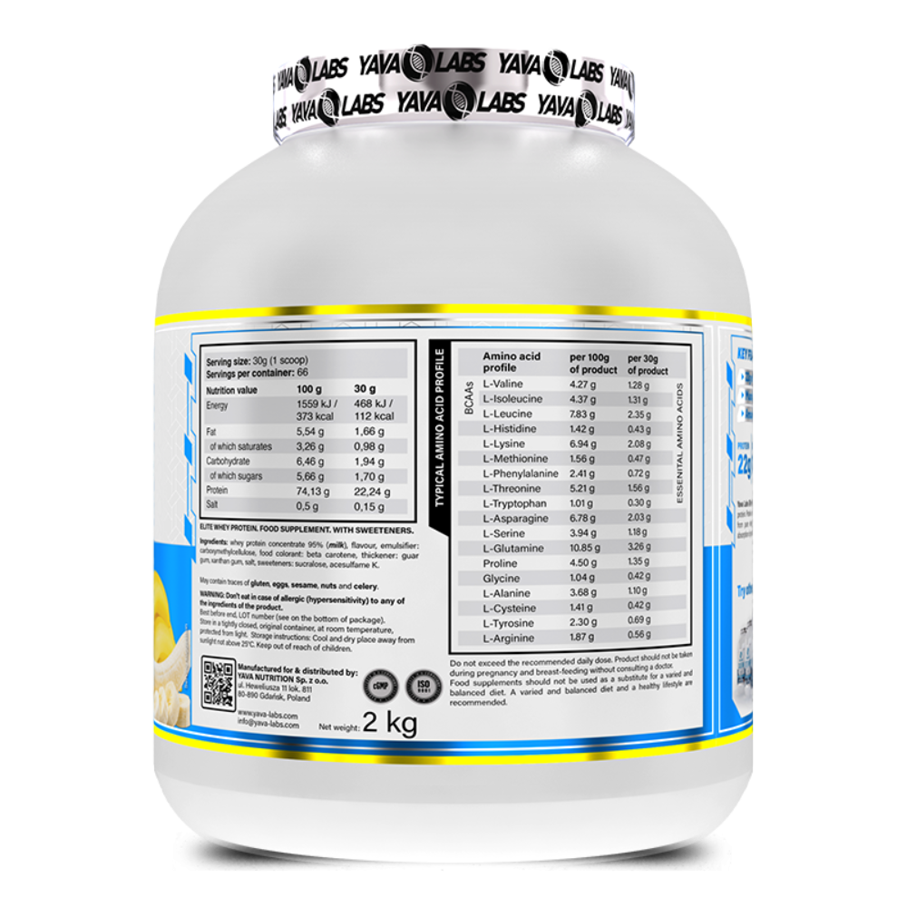 Yava Labs, Elite Whey, 2KG, 66 Servings — Back panel / الوجه الخلفي بالمكونات