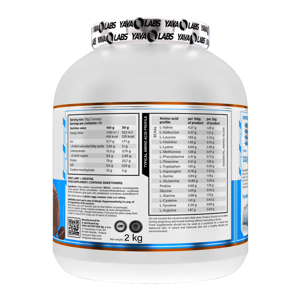 Yava Labs, Whey CAMP + CREATINE, 2KG, 66 Servings — Back panel / الوجه الخلفي بالمكونات
