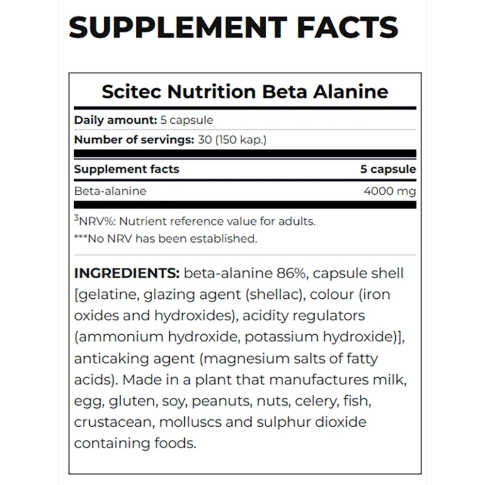 Scitec Nutrition, Beta Alanine, 150 capsules, 30 Servings nutrition facts — Nutrition Facts panel / جدول القيم الغذائية