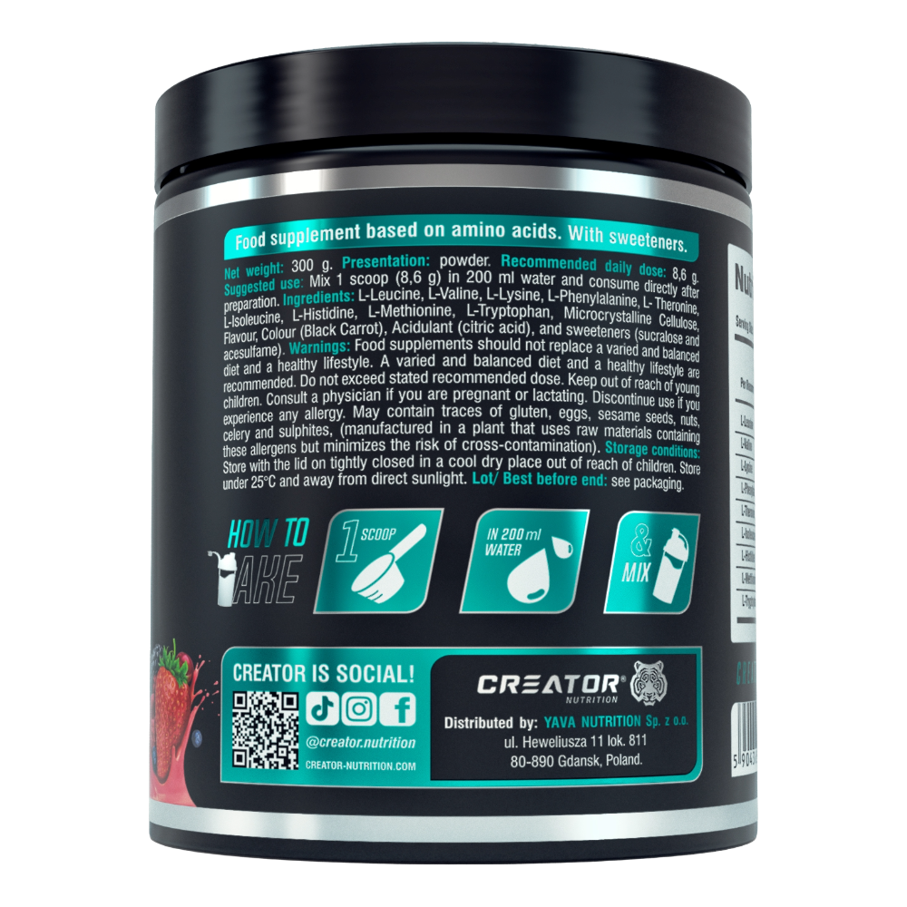 Creator Nutrition, Amino EAA, 300g, 34 Servings Fruit Punch — Back panel / الوجه الخلفي بالمكونات