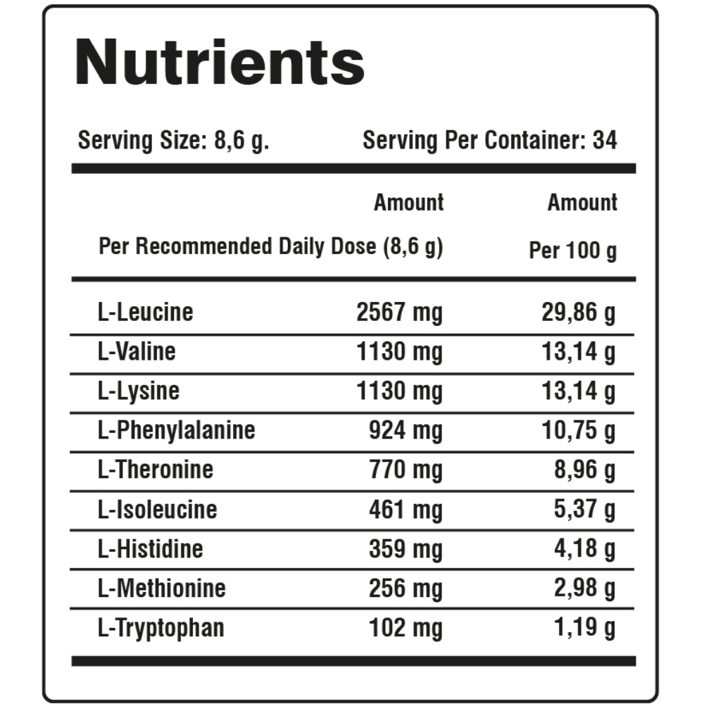 Creator Nutrition, Amino EAA, 300g, 34 Servings — Nutrition Facts panel / جدول القيم الغذائية