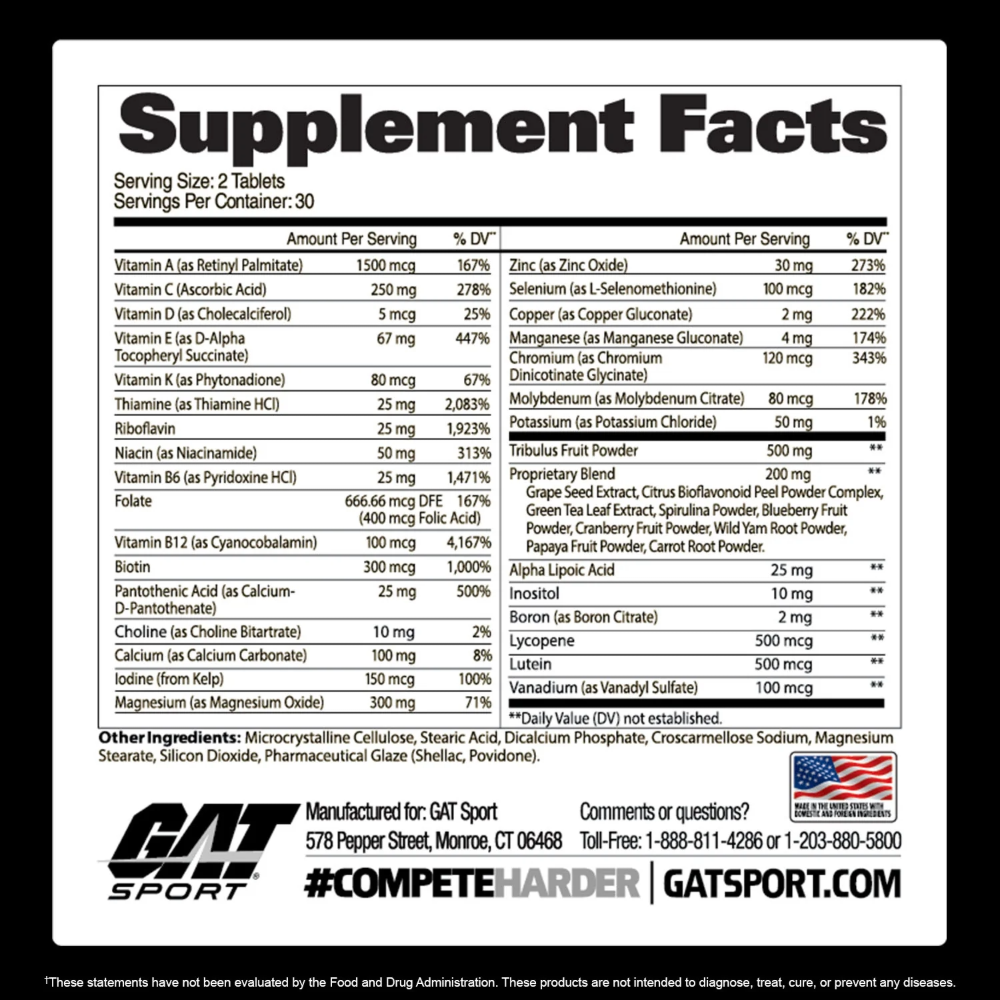 GAT Sports, MENS MULTI +TEST, 60 Tablets, 30 Servings — Nutrition Facts panel / جدول القيم الغذائية