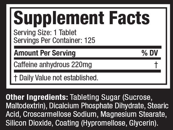 MuscleTech, Platinum 100% CAFFEINE, 125 Tablets, 125 Servings nutrition facts — Nutrition Facts panel / جدول القيم الغذائية