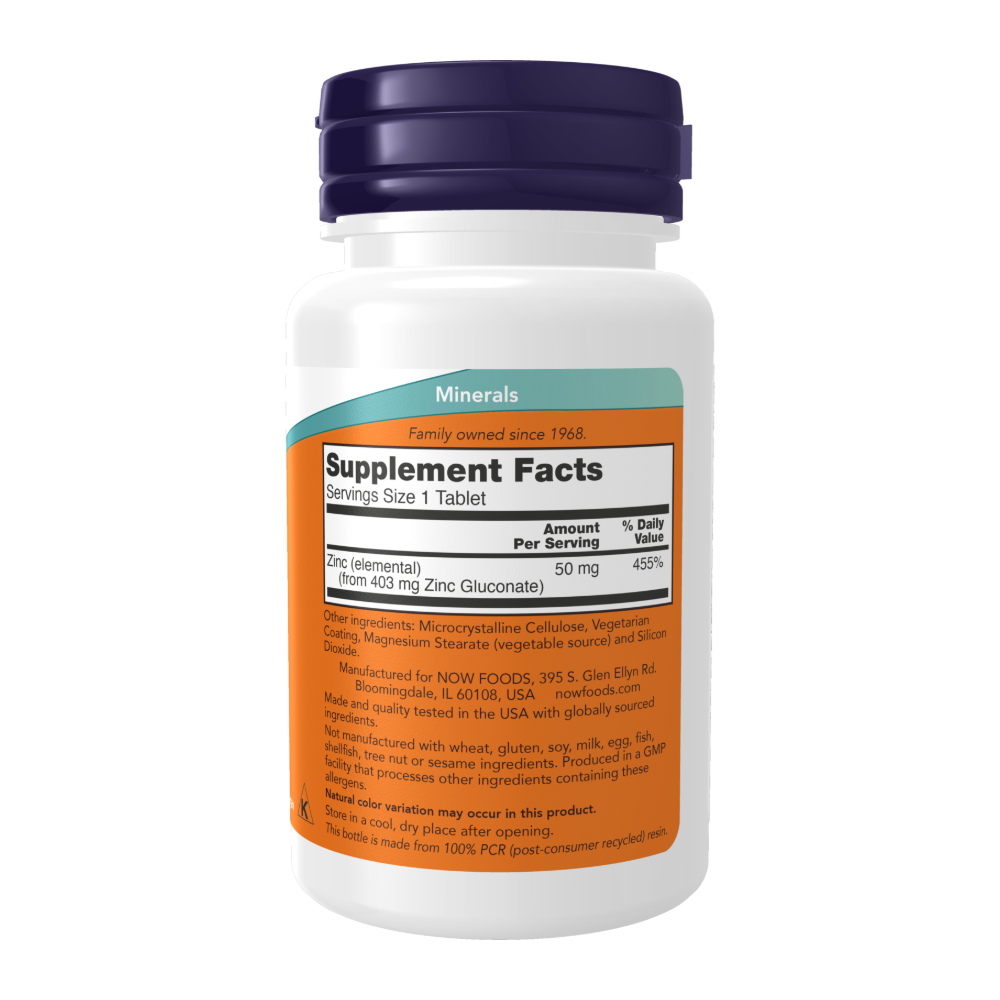 Now Foods, Zinc, 50mg, 250 Tablets, 250 Servings back 1 — Back label / ملصق التغذية