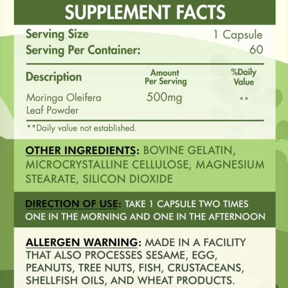 Organic Nation, Moringa Oleifera, 60 Capsules, 60 Servings nutrition facts — Nutrition Facts panel / جدول القيم الغذائية
